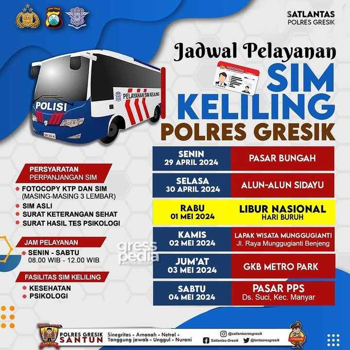 Jadwal Sim Keliling Gresik 29 April – 4 Mei&nbsp;2024