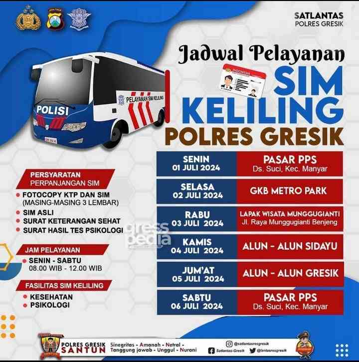 Jadwal Sim Keliling Gresik Juli 2024 (Minggu ke 1)